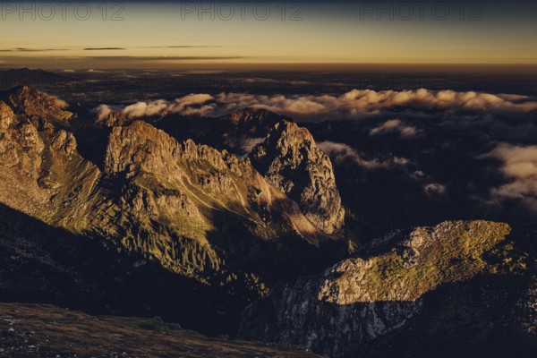 Sunrise hike on the Hochplatte in the Ammergau Alps, Ammergebirge in the Allgäu, Bavaria, Germany,