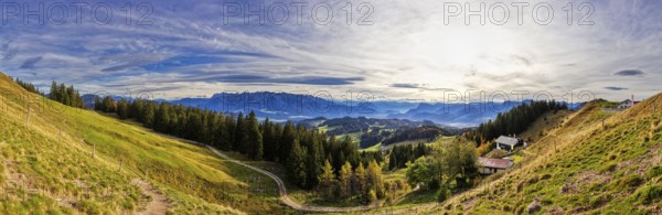 Panoramic view over hilly landscape with mountains and forest, Spitzstein