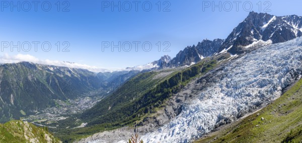 Panorama, mountain landscape with glacier Glacier des Bossons and summit of the Aiguille du Midi,
