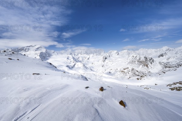 Snow-covered mountain landscape, mountain peak Monte Cevedale and glacier Zufallferner and