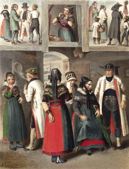 Traditional costumes in Germany around 1820, Province of Westphalia, people in traditional dress