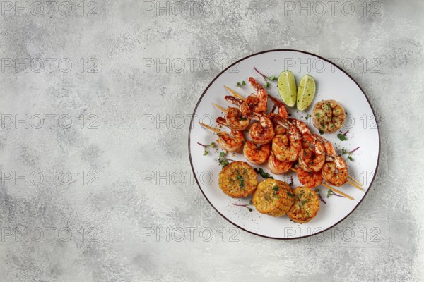 Tiger prawns on skewers, shrimp kebab, with corn, fried, homemade, no people