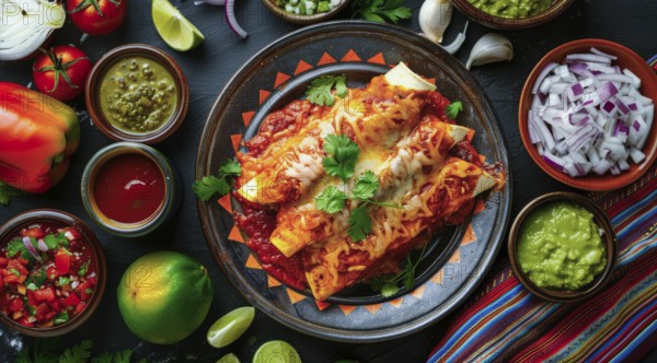Plate of enchiladas with a side of salsa and guacamole. Wooden table with bowls of various sauces,