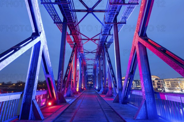 Illuminated lift bridge, former railway bridge, Magdeburg, Saxony-Anhalt, Germany, Europe