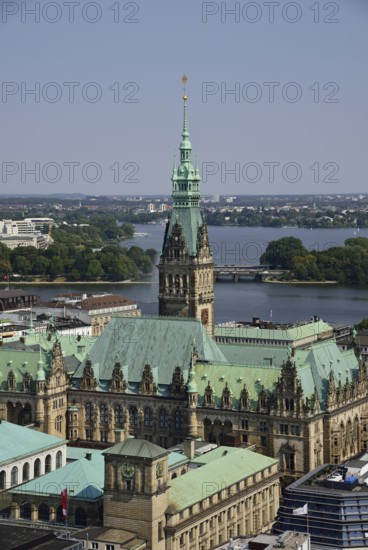 Europe, Germany, Hamburg, City, View from above of City Hall, Inner and Outer Alster Lake Lake,