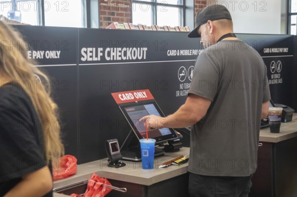 Romulus, Michigan USA, 27 August 2024, Customers were offered self checkout as Sheetz opened its