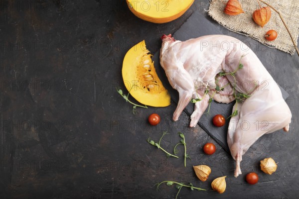 Whole raw rabbit with pumpkin, tomatoes, pea sprouts on a black concrete background and linen