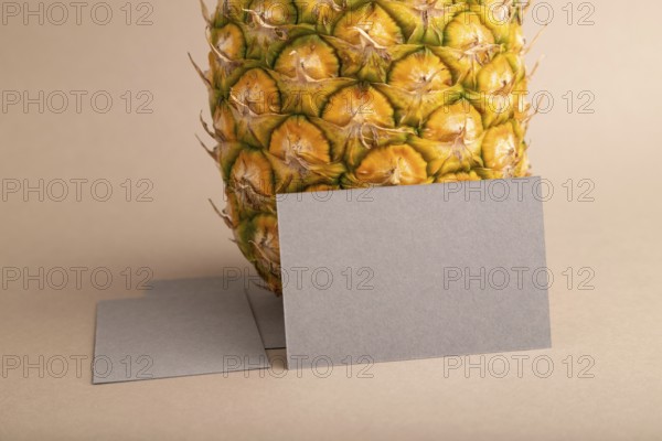 Gray paper business card with ripe pineapple on orange pastel background. Side view, copy space.