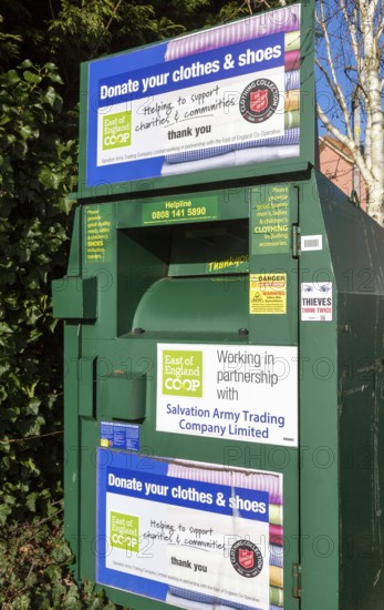 Salvation Army charity collection point for donations of shoes and clothing, Aldeburgh, Suffolk,