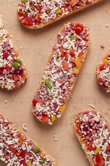 Pizza on a baguette, top view, close-up, no people, fast food, street food