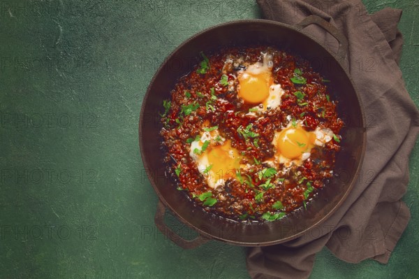 Fried eggs in tomato sauce, chirbuli, shakshuka, breakfast, eggs in tomatoes