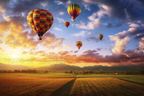 A colorful hot air balloons floats in sky over a blooming field meadow of flowers landscape at