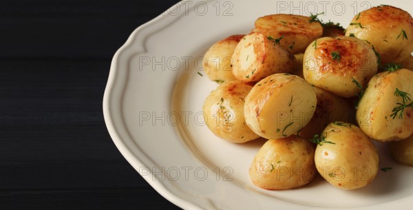 Fresh Cooked, new potatoes, with dill, on a wooden table, selective focus. close-up, toning, no