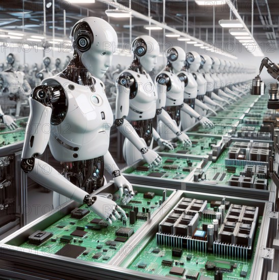 Humanoid robots assemble circuits on an assembly line in a factory, symbolic image cybernetics,