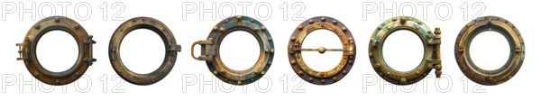 Set of vintage aged brass ship porthole isolated on a white background. generative AI, AI generated