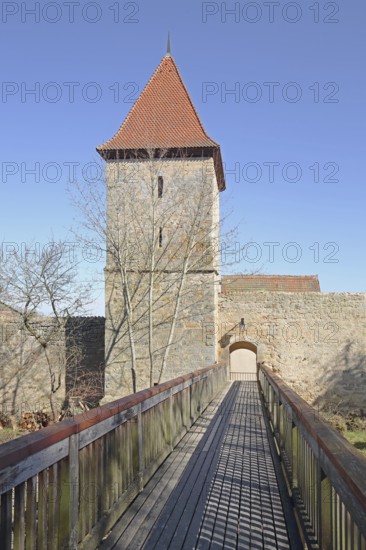 Wooden bridge to the Wächtersturm with historic town fortifications, town wall, wooden fence,