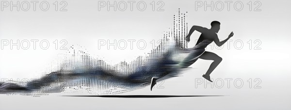 Wave of data points shaping into a runners silhouette, abstract illustration in black and white,