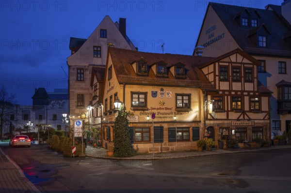 Historic Bratwurst Kitchen Zum gulden Stern in the evening, Zirkelschmiedsgasse 26, Nuremberg,