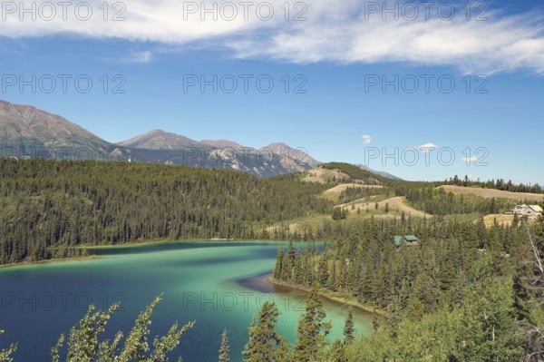 Turquoise green lake on forested slopes, summer, Emerald Lake, Yukon Territory, Canada, North