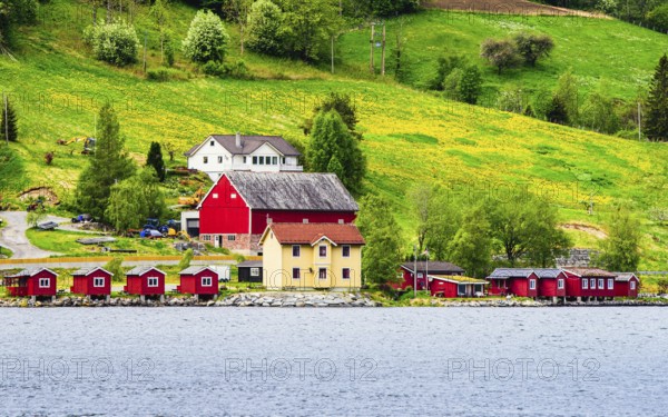 Mountains and Fjord over Norwegian Village, Olden, Innvikfjorden, Norway, Europe