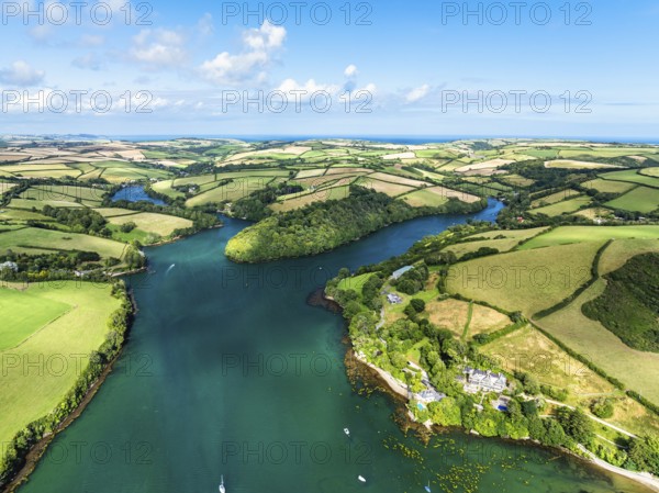 Salcombe and Mill Bay over Kingsbridge Estuary from a drone, Batson Creek, Southpool Creek, Devon,