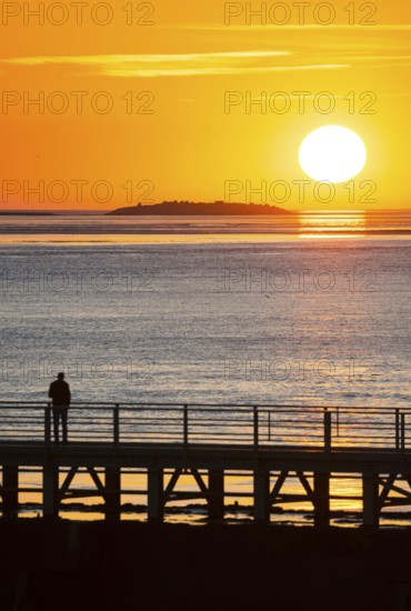 Silhouette of a person on the pier Freilaufkanal, person watching from a jetty the picturesque,