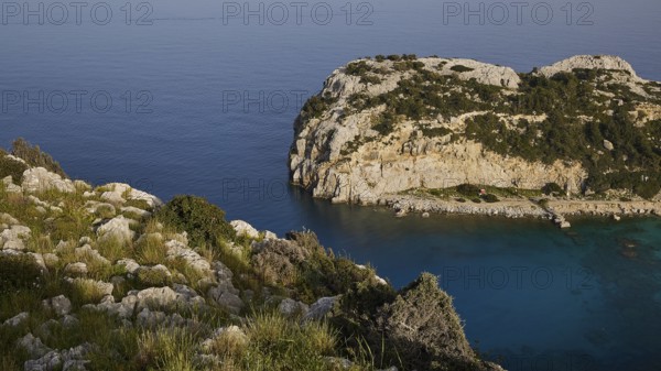 Rocky coastal landscape with green vegetation and calm blue water, Anthony Quinn Bay, Vagies Bay,