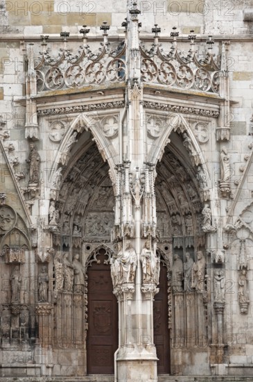 Gothic entrance portal designed with figure reliefs, 1385-1415, Regensburg Cathedral, St Peter's,
