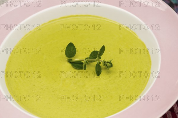 South German cuisine, pea soup, soup arranged in a plate, herbs, savoury, salty, traditional