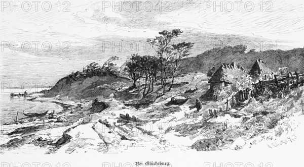 Coastal landscape near Glücksburg, Flensburg Fjord, Schleswig-Holstein, cliffs, boulders, boat,