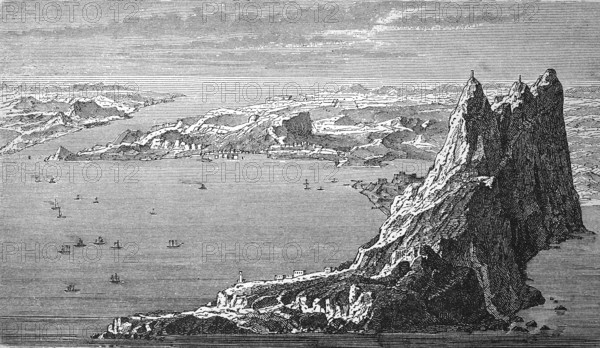 The Strait of Gibraltar in 1880, Historical, digital reproduction of an original from the 19th