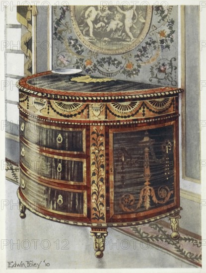 Furniture around the turn of the century 1900, Inlaid satinwood chest of drawers (1910, 1911),