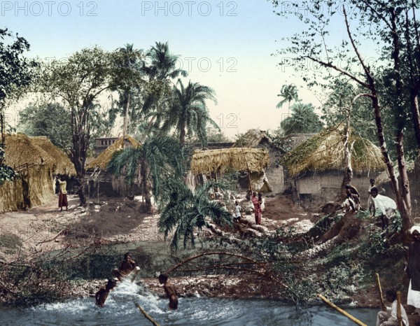 Bengal village in Kolkata, Calcutta, India, Historic, digitally restored reproduction from a 19th