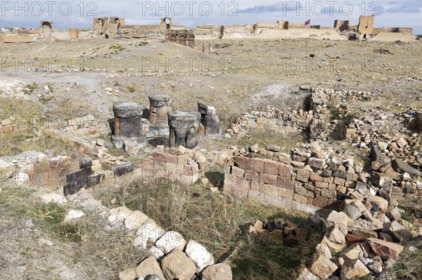 Columns of the Zoroastrian Fire temple, Ani Archaeological site, Kars, Turkey, Asia