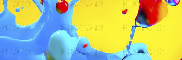 Abstract image with vibrant blue and red blobs and liquid shapes on a yellow background, AI