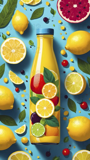 Abstract wallpaper of smoothie surrounded by an assortment of fruits and vegetables, AI generated