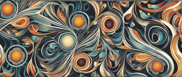 A whimsical abstract pattern with intertwined ribbons, eggs, and floral motifs, with a mix of sharp