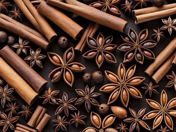 Abstract wallpaper illustration of Christmas spices like cinnamon sticks, star anise, and cloves,