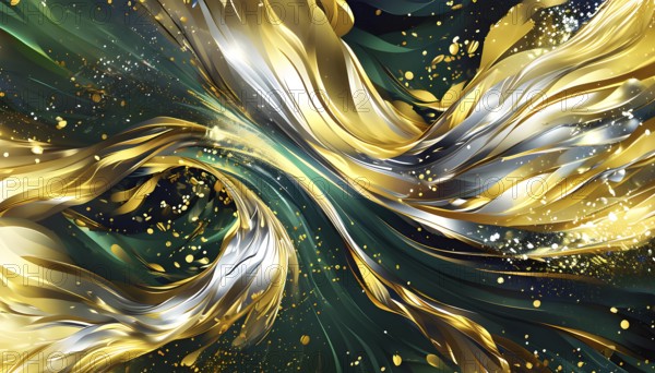 Abstract Illustration of energetic and dynamic swirl of gold, silver, and deep green hues,