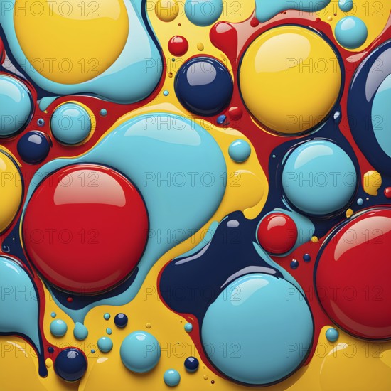 Abstract image with vibrant blue and red blobs and liquid shapes on a yellow background, AI
