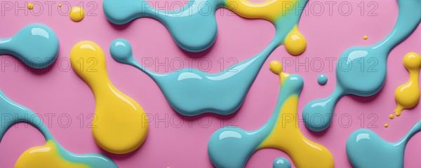 Abstract image with colorful yellow and turquoise blobs and liquid shapes on a pink background, AI