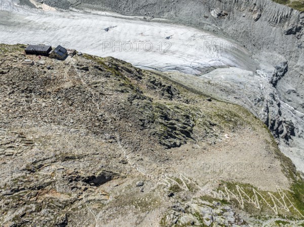 Mountain hut Cabane de Moiry, located close to glaciar tongue of the retreating Moiry glacier,