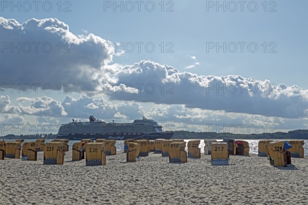 Mein Schiff cruise ship, beach chairs, beach, Laboe, Schleswig-Holstein, Germany, Europe