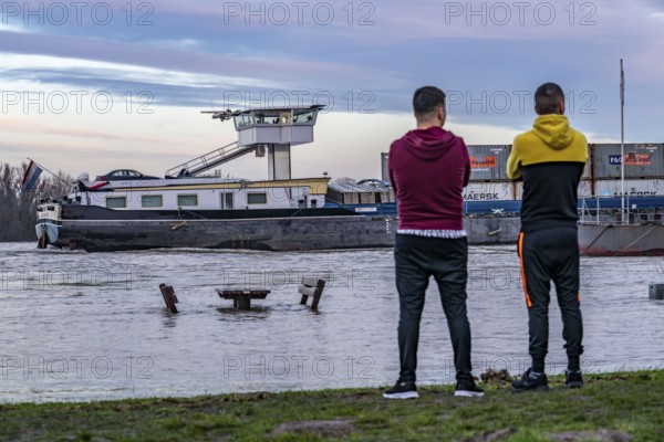 Flood on the Rhine, flooded banks of the Rhine, old ferry landing stage, Rhine meadows, near