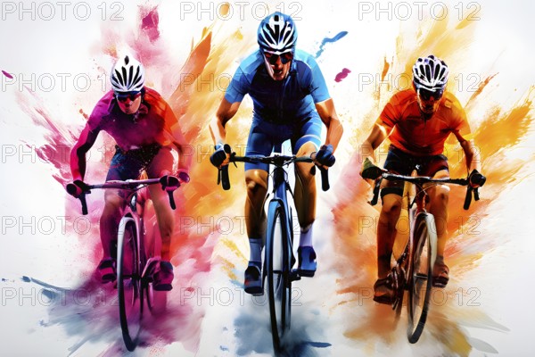 Illustration of dynamic cyclists mid action on a vibrant splash paint background, AI generated