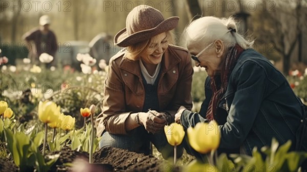 Elderly grandmother planting some spring plants with her granddaughter in the garden, generative