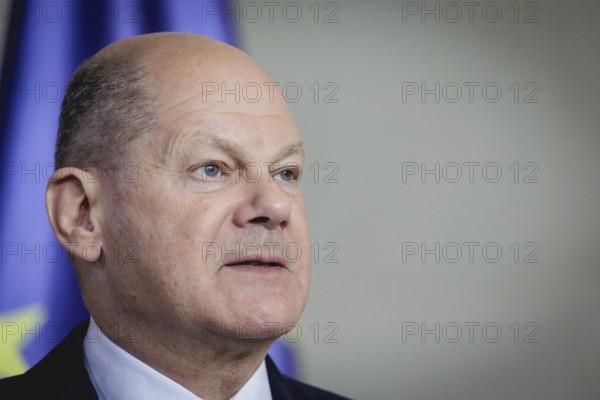 Olaf Scholz, Federal Chancellor, speaks at a press conference during the visit of Denis Becirovic,