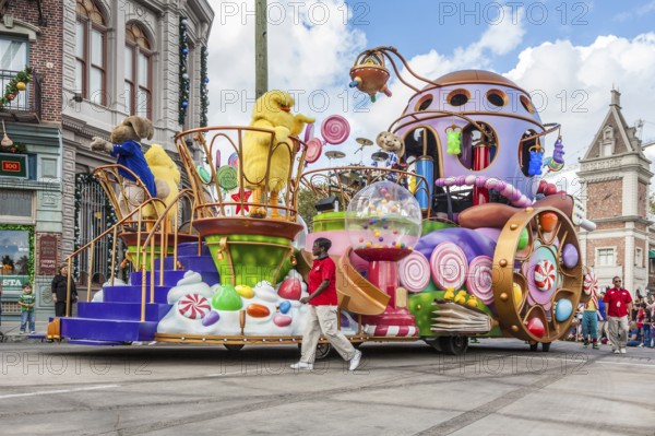 Chicks and bunny characters on parade float in Universal Studios theme park in Orlando, Florida,