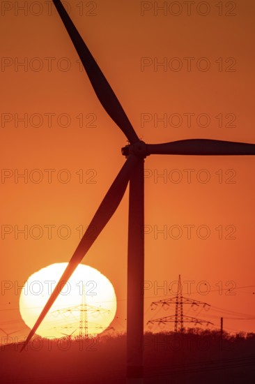 Emschergenossenschaft wind turbine, view to the west, in Essen, sunset, North Rhine-Westphalia,