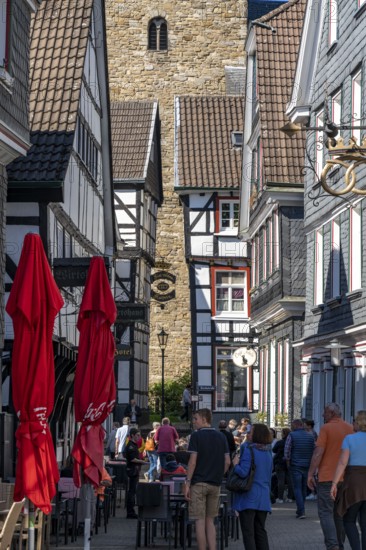 The old town of Hattingen, half-timbered houses, gastronomy in the street Kirchplatz, Protestant